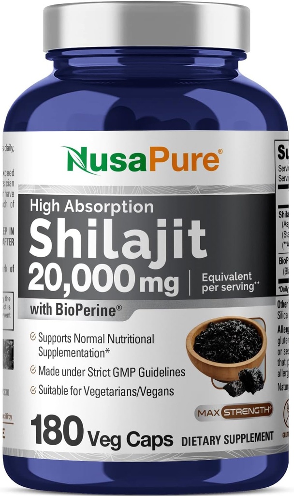 NusaPure Shilajit 20,000mg per Serving, 180 Veggie Caps, Non- GMO, Gluten Free, Bioperin