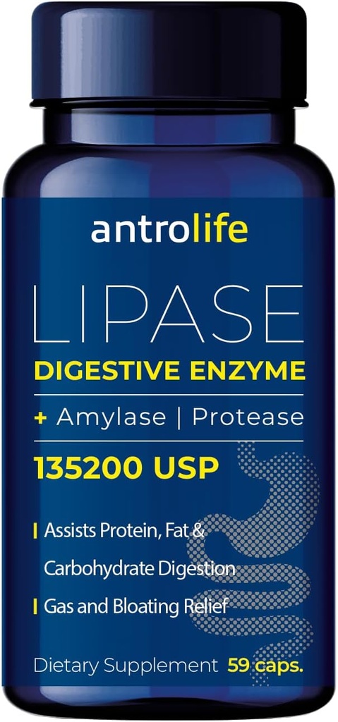 ANTROLIFE Dědičný doplněk zdraví - Enzymy s Lipázou Nutriční doplňky & Amyláza pro stravitelný komfort - Dietní dodatek - 59 Kapsle
