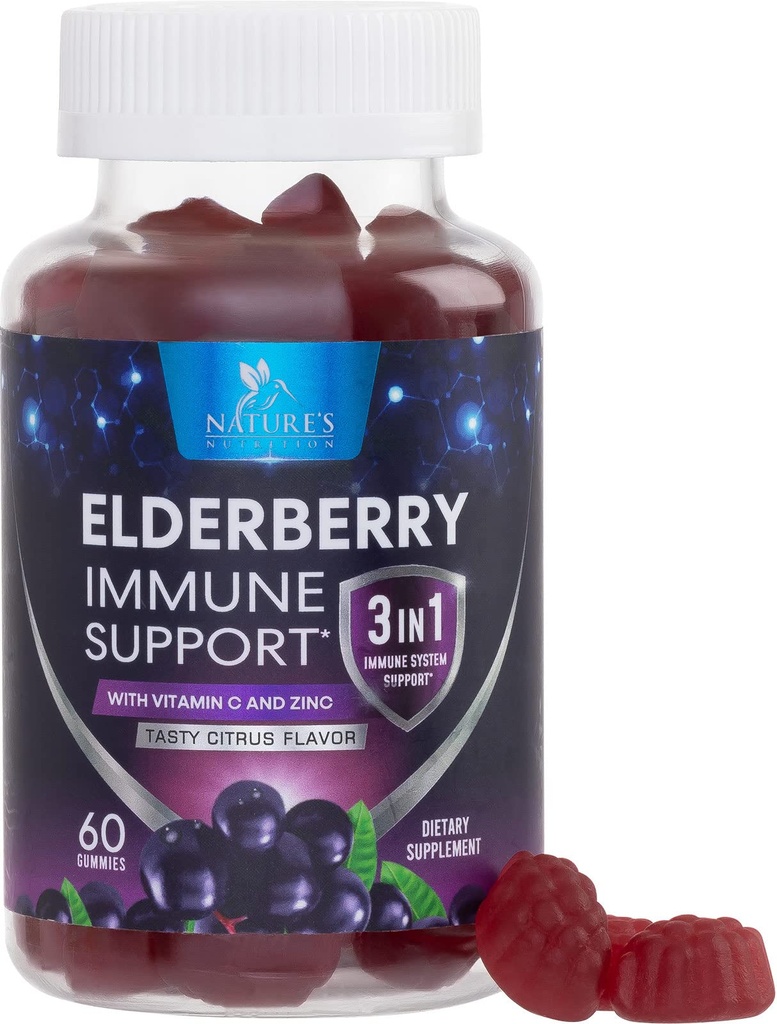 Elderberry Gummies s vitaminem C, D3 a zinek - Imunitní podpora Gummy pro děti a dospělé, Black Elderberry Extract Gummy Imunitate Health Supplement, Black Elder Berry Vitamin - 60 Gummies