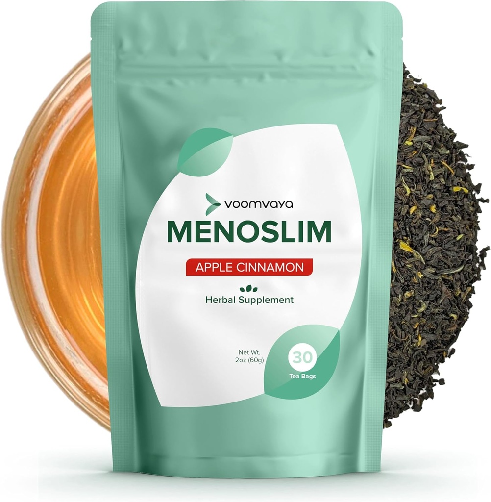 VoomVaya MenoSlim w / Black Cohosh for Menopauza - Hormon Balance doplňky pro ženy - Relief for Bloating, Hot Flashes, Únava, Meno- Belly - Apple Cinnamon - 30 Teabags