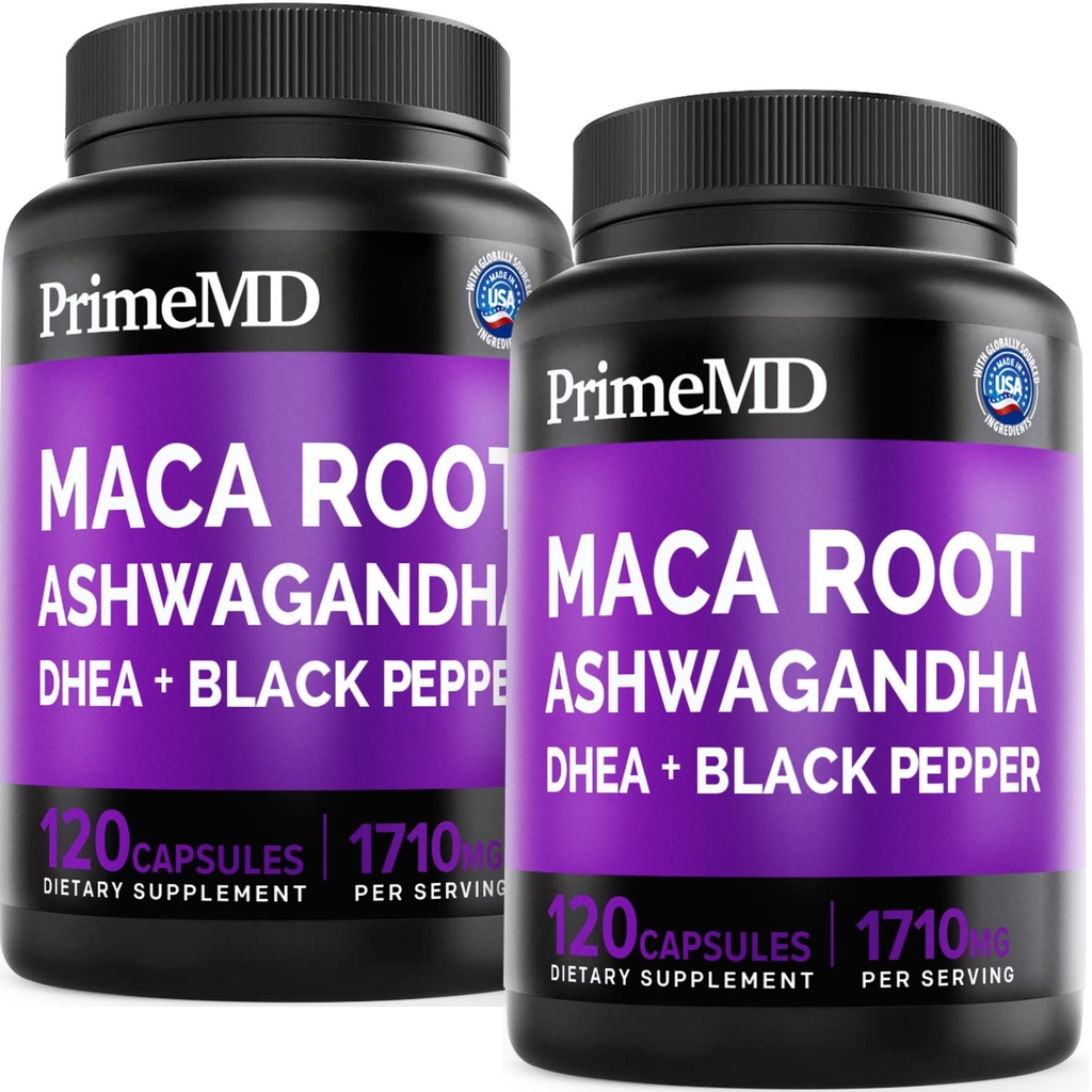 6-in-1 Organic Maca Root Ashwagandha Kapsle 1710mg s DHEA a Black Pepper Fruit Extract pro ženy a muže - Black Maca dodatek pro Stamina, Bone and Mood Supplement, 120ct (Balení 2)