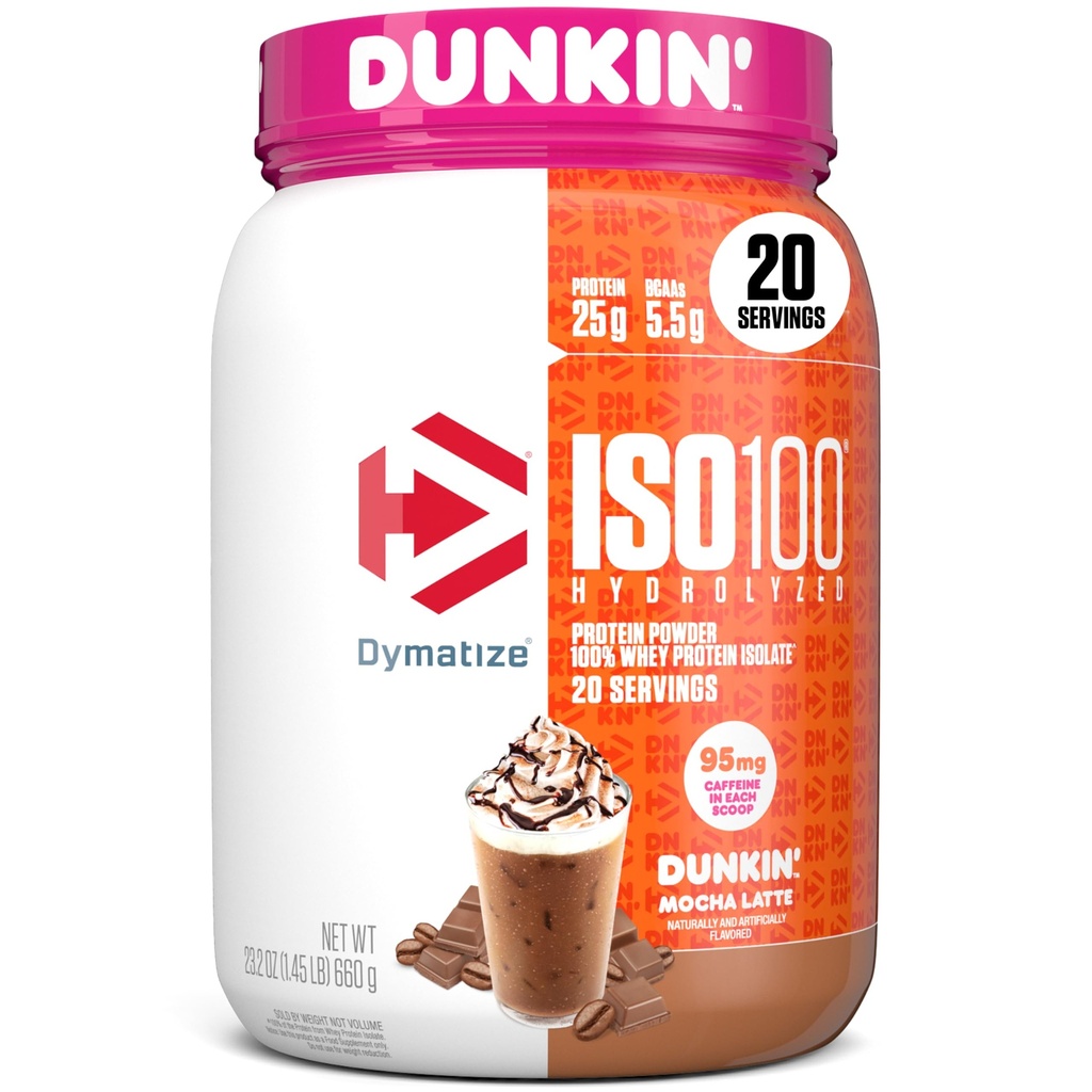 Dymatize x Dunkin 'Mocha Latte ISO100 syrovátkový prášek, 95mg kofein, 25g proteinu, 5,5g BCAA, 120 Cal., gluten Free, 1g tuku, 1g cukru, 3g karbu (20 servisů)