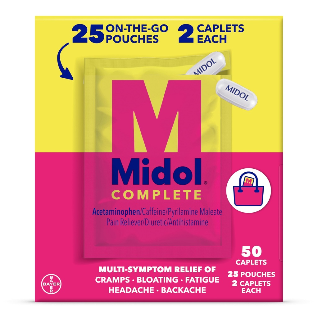 Midol Kompletní na go kapsle s acetaminophen pro menstruační příznaky úlevy, periody křeče a menstruační bolest úlevy, 50 Počet (25 Pouches 2)