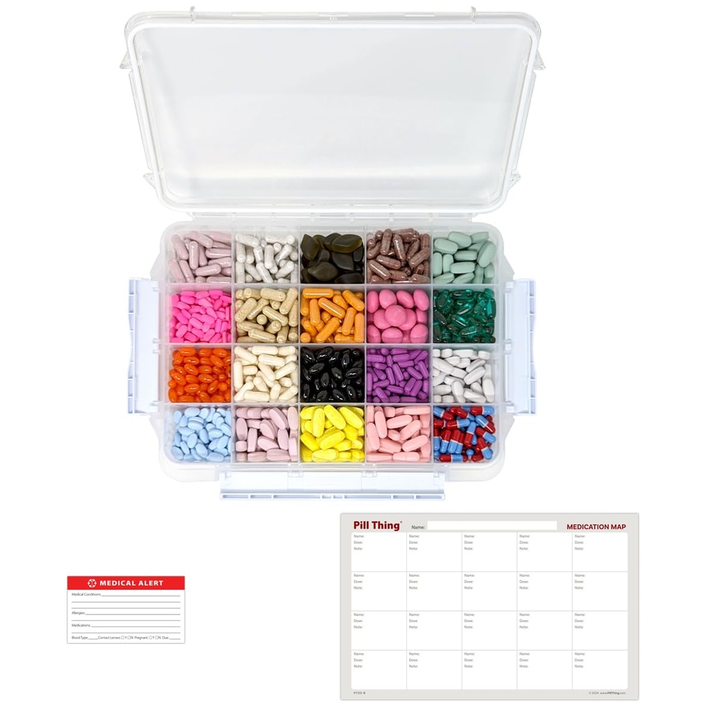 20 Kompartment Large Pill Pouzdro s vzduchotěsnou pečetí - Silikonový plynový vodotěsný Med Box s mapou léků (20 Compartment, 1 Pack)