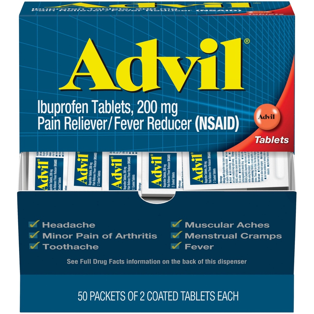 Advil Pain Reliever and Fever Reducer, Pain Relief Medicine with Ibuprofen 200mg for Heads, Backhead, Menstrual Pain and Joint Pain Relief - 50x2 Coated Tablet