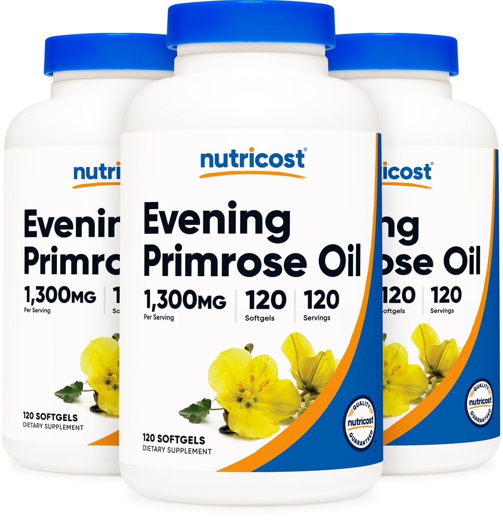 Nutricost Evening Primrose Oil 1,300mg, 120 Softgels (3 láhve) - Non- GMO, gluten zdarma, 120 Služeb