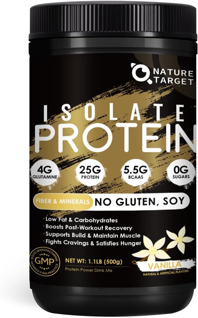 NATURE TARGET Isolte Whey Protein Powder Vanilla, 25g Protein Low Carb Sugar- Free & gluten- Free, 5.5g BCAA, bohaté na vlákna a minerály, 1.1 Libra, 16 Služeb