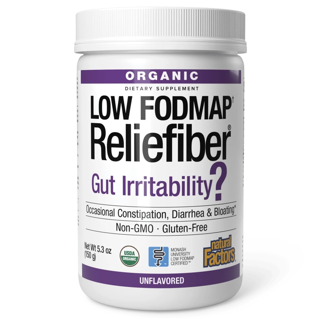 Přírodní faktory organické nízké FODMAP Reliefiber Powder - Dědičný doplněk pro podporu zdraví s dietní a rozpustný fiber - Gut Zdravotní podpora Podpory Mírné Bloating - Neochucené, 150 g (30 Služební)