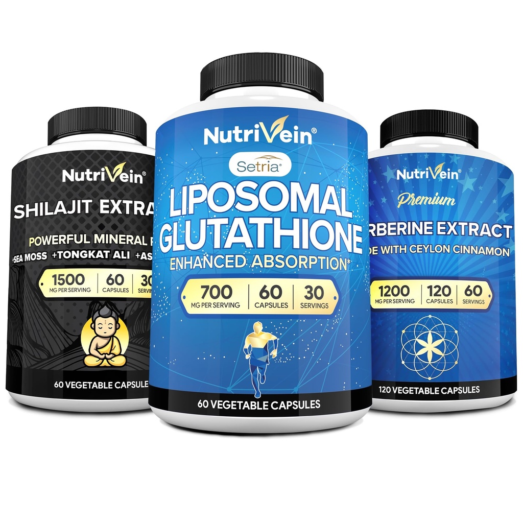 Živina Premium Shilajit Kapsle, Liposomal Glutathione dodatek, & Berberine dodatek Bundle: Berberine, Glutathione, & Shilajit Kapsle pro muže a ženy - Metabolismus, Vitalita, & Balance