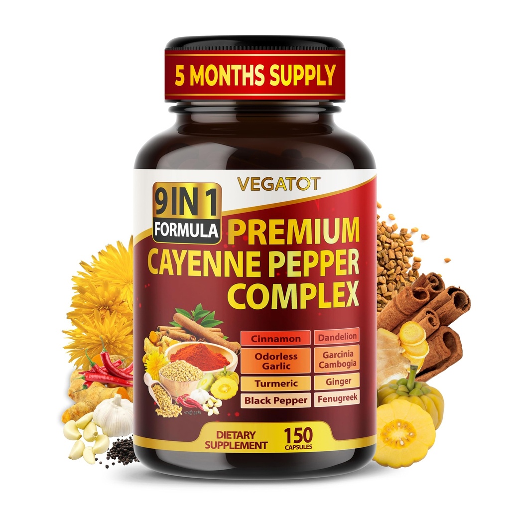 Organic Cayenne Pepper 9IN1 Komplex se skořicí, zázvor, kurkuma pro celkové zdraví, imunitní systém, Digestion Wellness (150 Počet (balení po 1))
