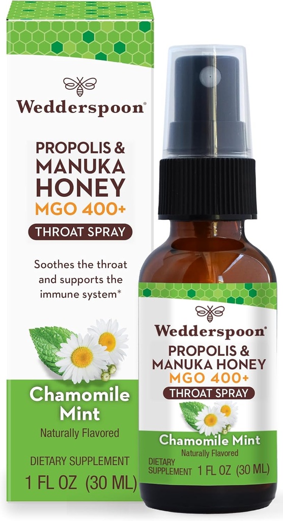 Wedderspoon Propolis a Manuka Honey Throat Spray, Heřmánek & Mint, 1 Fl Oz (balení po 1), Sore Throat Relief, Přírodní imunitní podpora