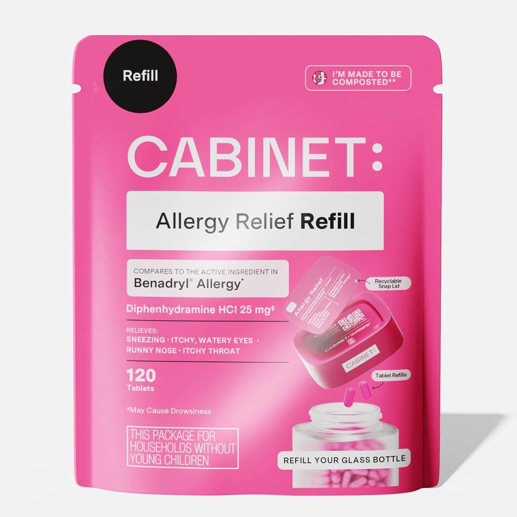 Kabinet: Difenhydramin 25mg Allerics Relief Antihistaminium Tablets for Alergies, Hay Fever, and Runny Nose, 120 Tablets (Refill Pouch)
