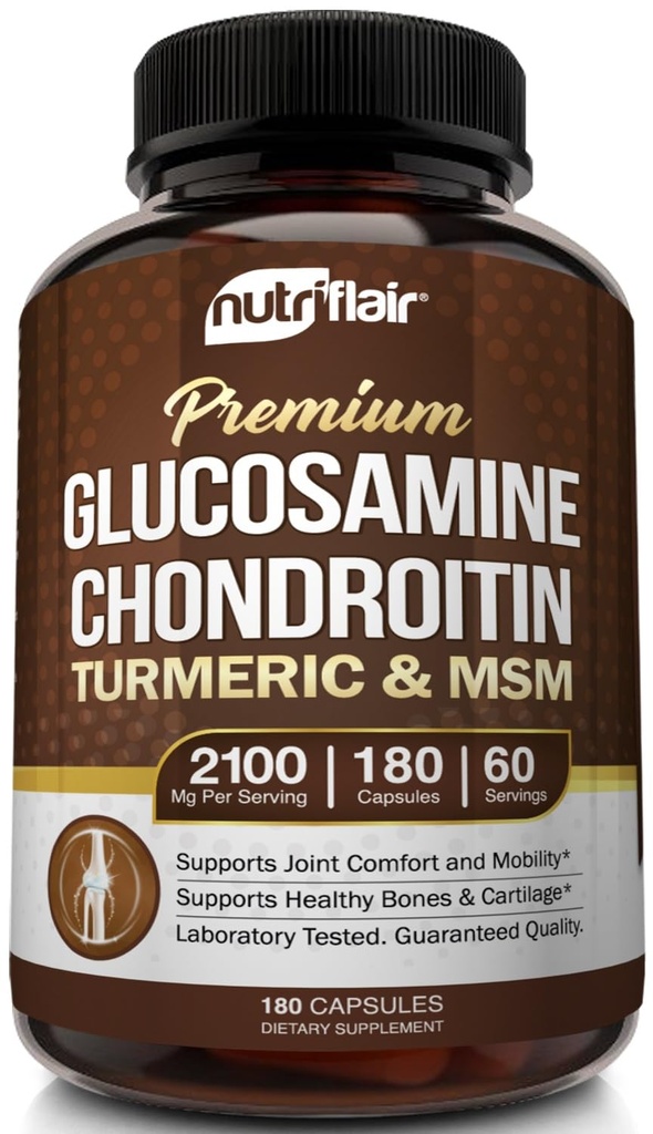 NutriFlair Glucosamine Chondroitin Turmeric MSM Boswellia, 180 Kapsle - Joint Comfort Dodatek - Natural & Non- GMO - Antioxidant pilulky - Podporuje zpět, Knees, ruce, spojky, chrupavka