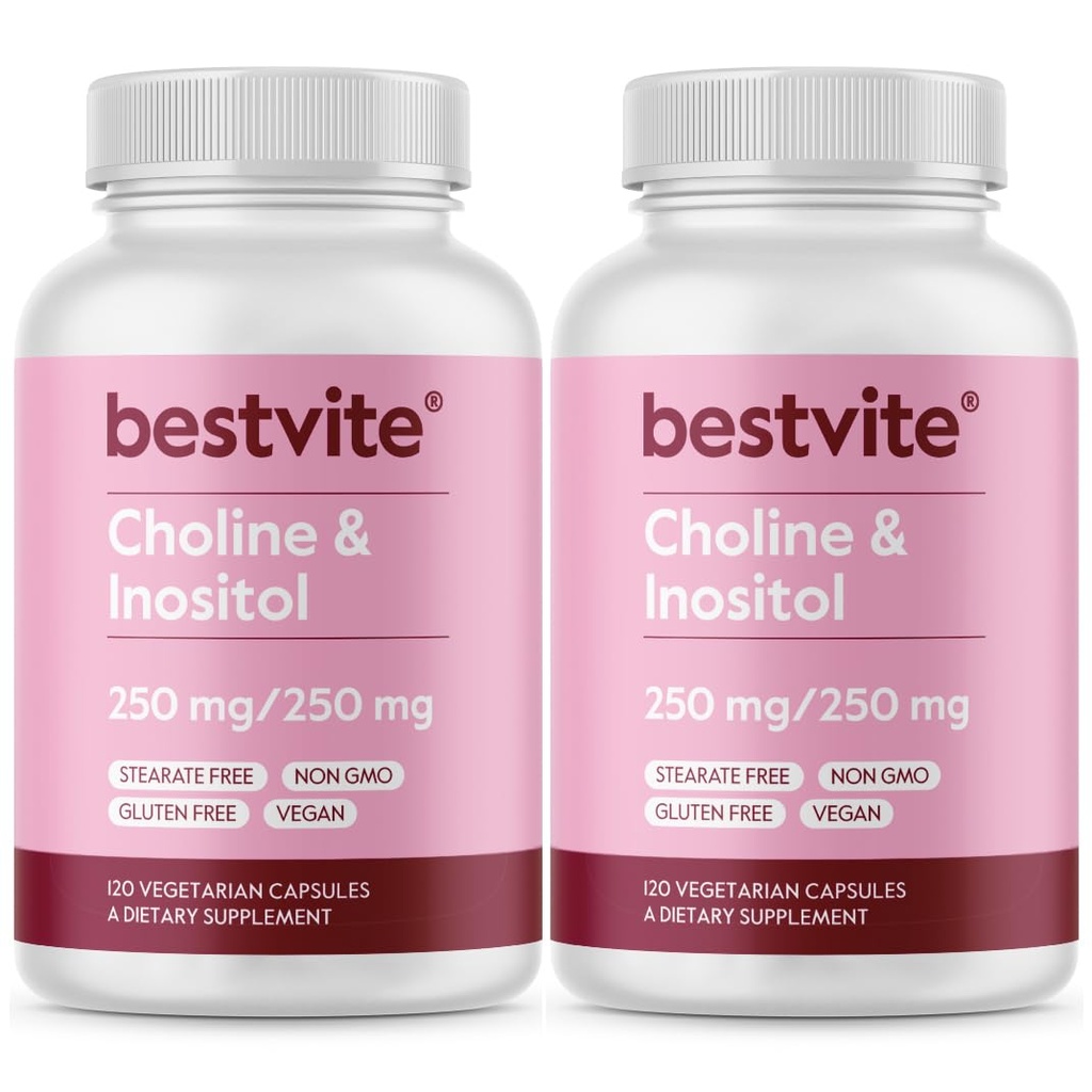 BESTVITE Cholin Inositol 500mg (240 Vegetariánských kapslí) (120 x 2) - No Stearates - No Dicalcium Fosfát - No Fillers - Vegan - Non GMO - Gluten Free