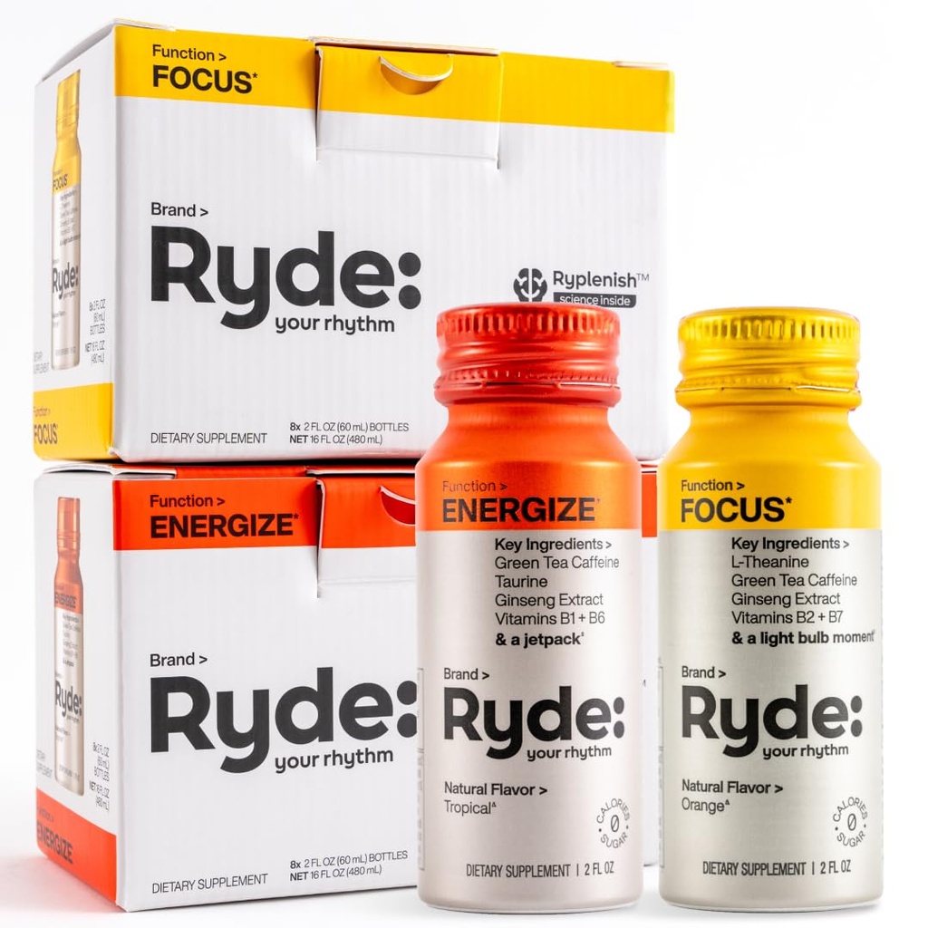 RYDE střílí 124; Energize + Focus CLAS124; Esenciální B vitaminy a kofein CLAS124; Nulové kalorie, Nulový cukr CLAS124; Balení po 16