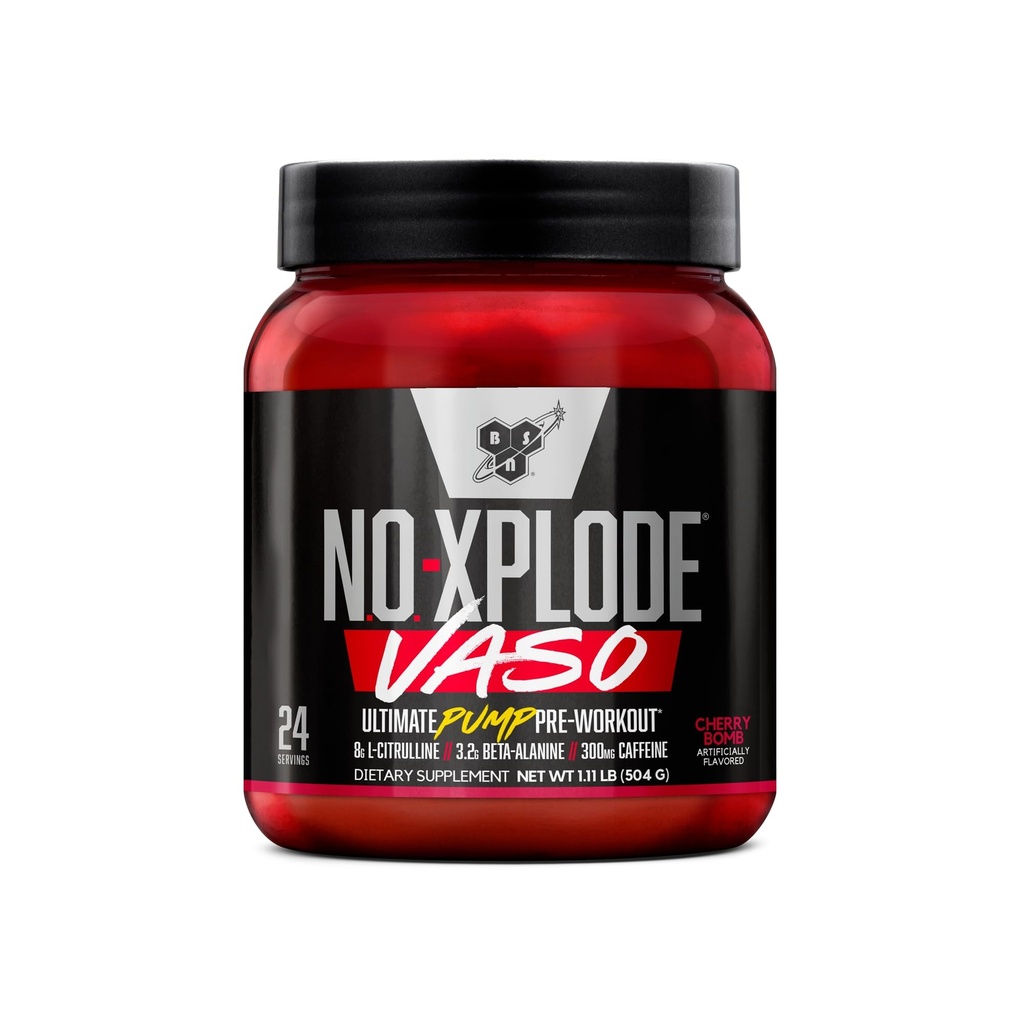 BSN N.O.-XPLODE Vaso Pre Workout Powder with 8g of L- Citrulline and 3.2g Beta- Alanin and Energy, Flavor: Cherry Bomb, 24 Servings