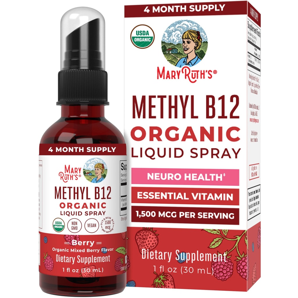 MaryRuth Organics Vitamin B12 Liquid Spray 124; Vegan, Non- GMO, gluten- Free CLANE124; USDA Organic Supplementary CLANE124; Energy & Nervous System Support CLANE124; B12 Vitamíny pro ženy a muže 124; 1500 MCG CLANE124; 1 Fl Oz