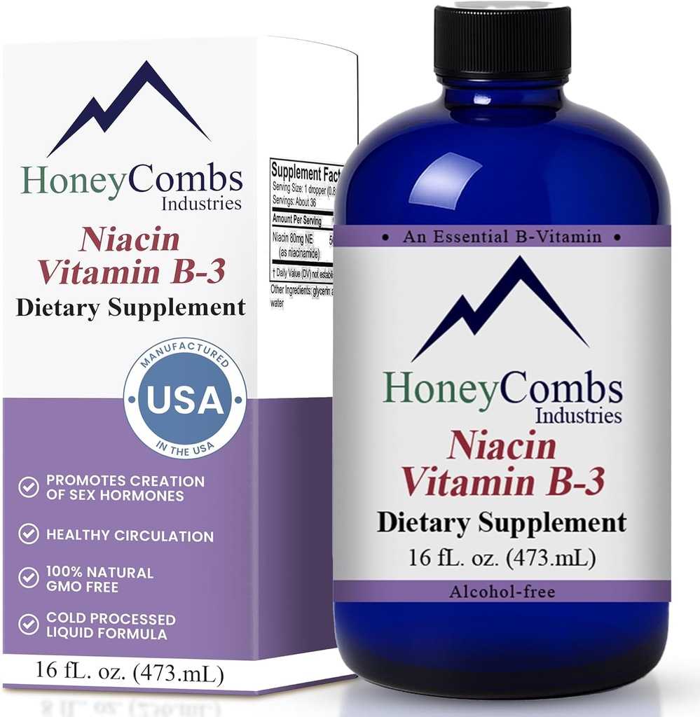 HoneyCombs vitamin B3 Niacin dodatek kapalné kapky - High potency vitamin B3 kapalné kapky pro muže a ženy - Udržovat trávicí systém, kůže, jazyk, energie a další - Vegan Niacin Drop (16 Fl oz)