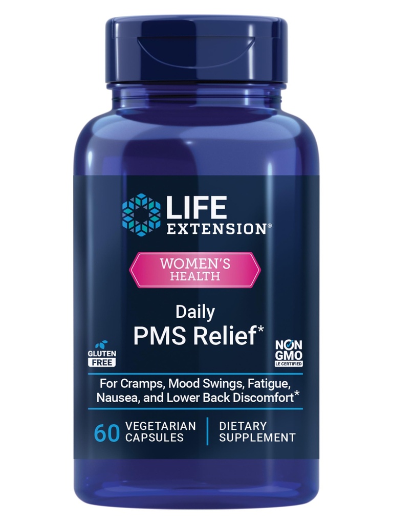 Life Extension Denní PMS Relief, Menstrual Comfort Dodatek, PMS- Související křeče, Spodní zadní diskomfort, Mood, Ginger, Magnesium, B6, Gluten- Free, Non- GMO, 60 Kapsle