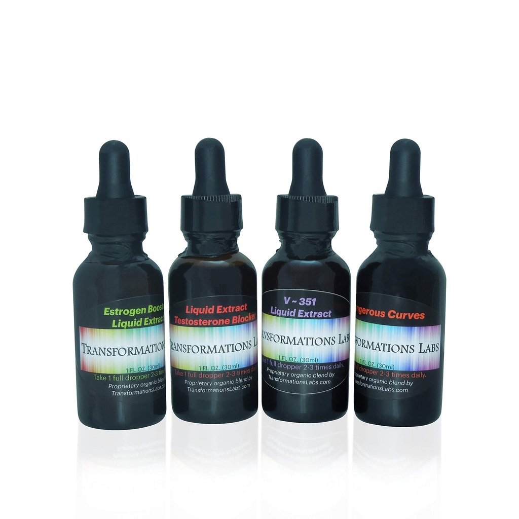 MTF E- Booster, T- Blocker, V ~ 351 Advanced Feminizer & Dangerous Curves Synergist, MTF Liquid extracts 4 Pack Transitioning Transgender Kit!