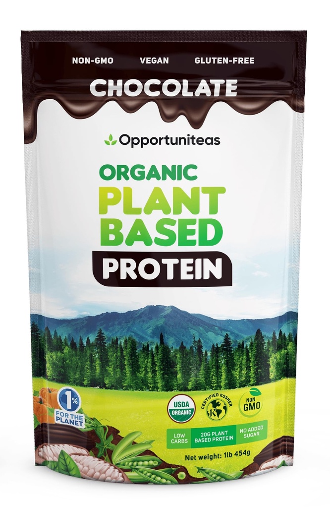 Oportuniteas Organic Plant Based Protein Powder, 20g Vegan Protein from Pea, Pumpkin, and Rice, No Sugar, Non- GMO, Gluten- Free, Creamy Chocolate, 1 LB