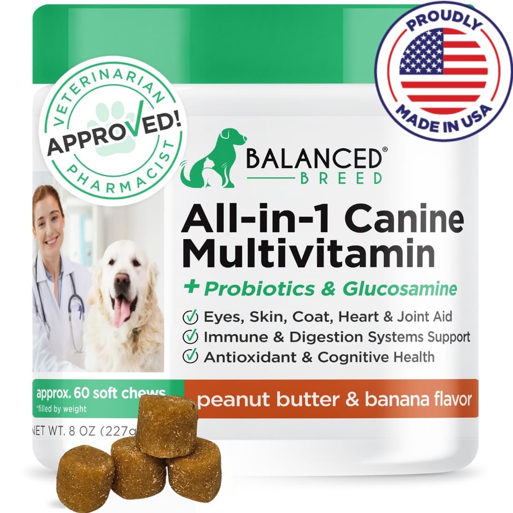 Vyvážený Plemeno All- in-1 Dog Vitamíny doplňky Vyrobeno v USA Vet- Pharmacist Schválený pes Multivitamin Probiotika Glucosamine Chondroitin Psi losos olejová kůže Coat Imunitation Senior Dogs Dodatek NonGMO