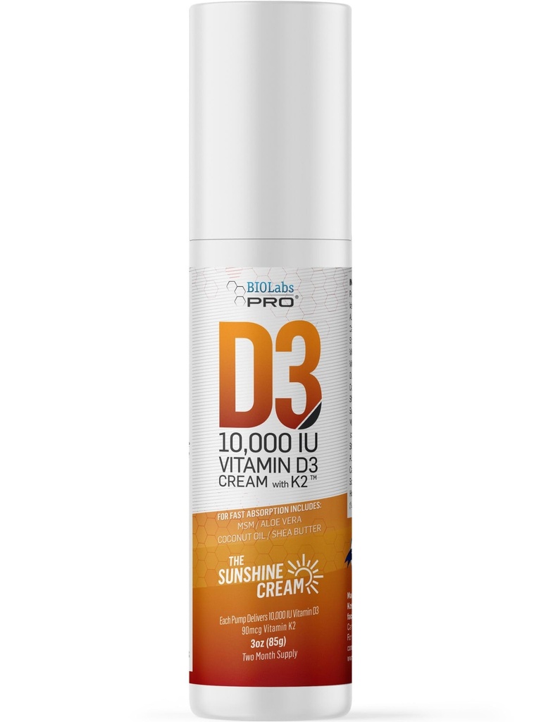 BIOLABS PRO All Natural Vitamin D3 10000IU Vitamin D Cream - Maximální síla - Boj s nedostatkem vitaminu D přirozeně - s vitaminem K2 & Olive Leaf Extract - Safe & Effective (10,000IU - 3.0oz)