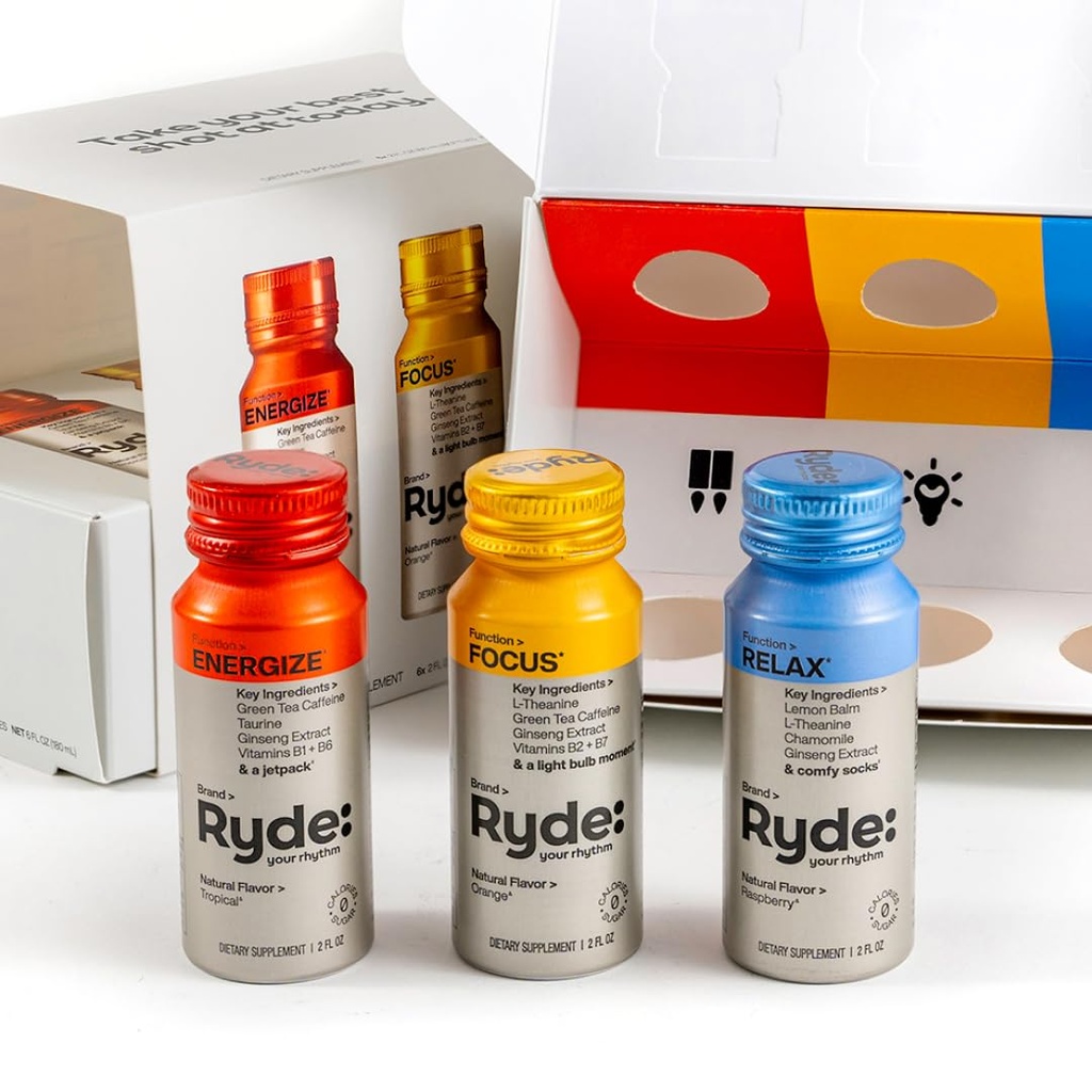 RYDE: Discovery Pack CLAS124; Energize, Focus & Relax Shots CLAS124; Green Tea Caffeine, Taurie, Ginseng, B Vitamíny, L- Theanine, Lemon Balm, Heřmánek CLAS124; 0 Calories, 0 Cukr CLAS124; Variety Pack - Vyzkoušejte je všechny (6 Pack)