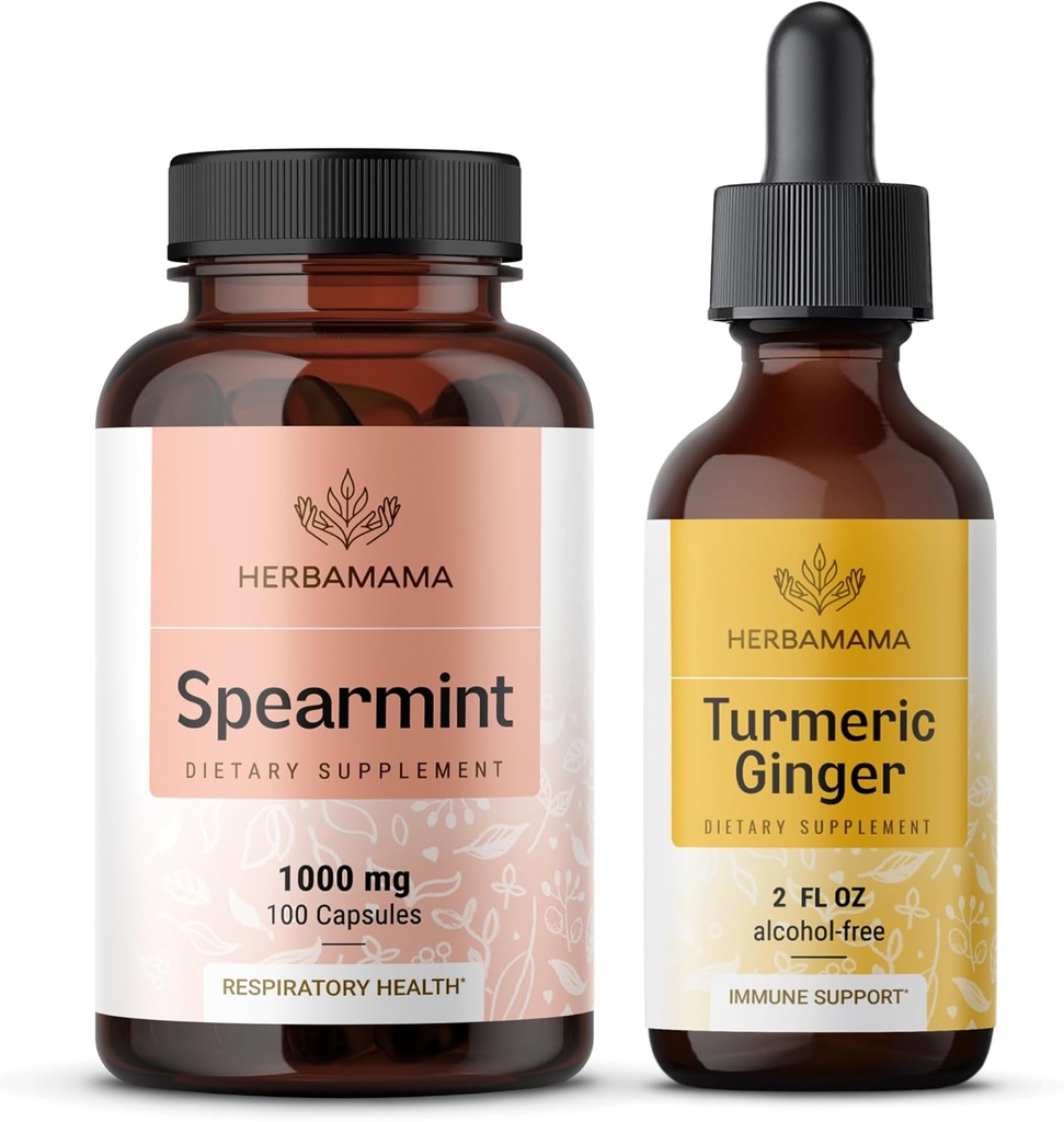 HERBAMAMA Spearmint and Turmeric Ginger Kit - Bundle of 1000 mg Spearmint Leaf Capsules & Turmeric Ginger Tincture 2 fl oz - Vegan, Non- GMO, Sugar & Alcohol- Free - 2 Pack