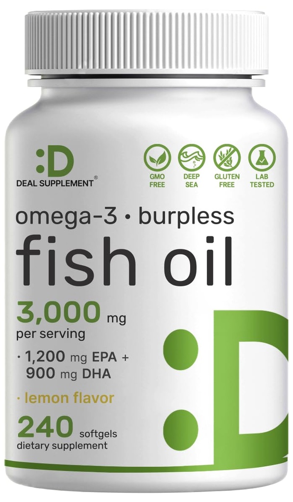 DEAL DOPLŇUJÍCÍ Omega 3 Doplňky rybího oleje, 3,000mg per Serving, 240 Softgels - EPA 1,200mg + DHA 900mg - Bezproblémové pilulky, Lemon ochucené, Wild Catched - Brain & Heart Support - Mercury Free, Non- GMO