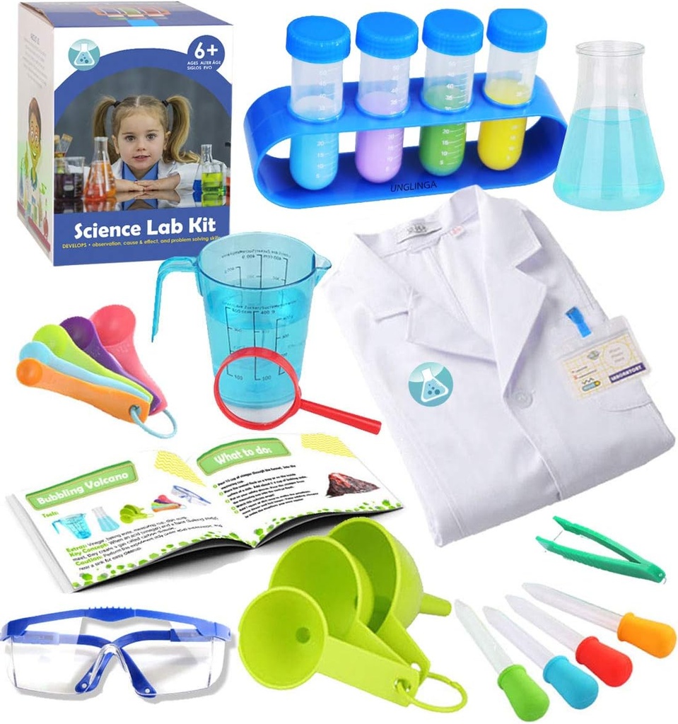 UNGLINGA Kids Science Experiment Kit s Lab Coat Scientist kostýmy zdobit a role hrát hračky dárek pro chlapce dívky děti vánoční narozeninový večírek