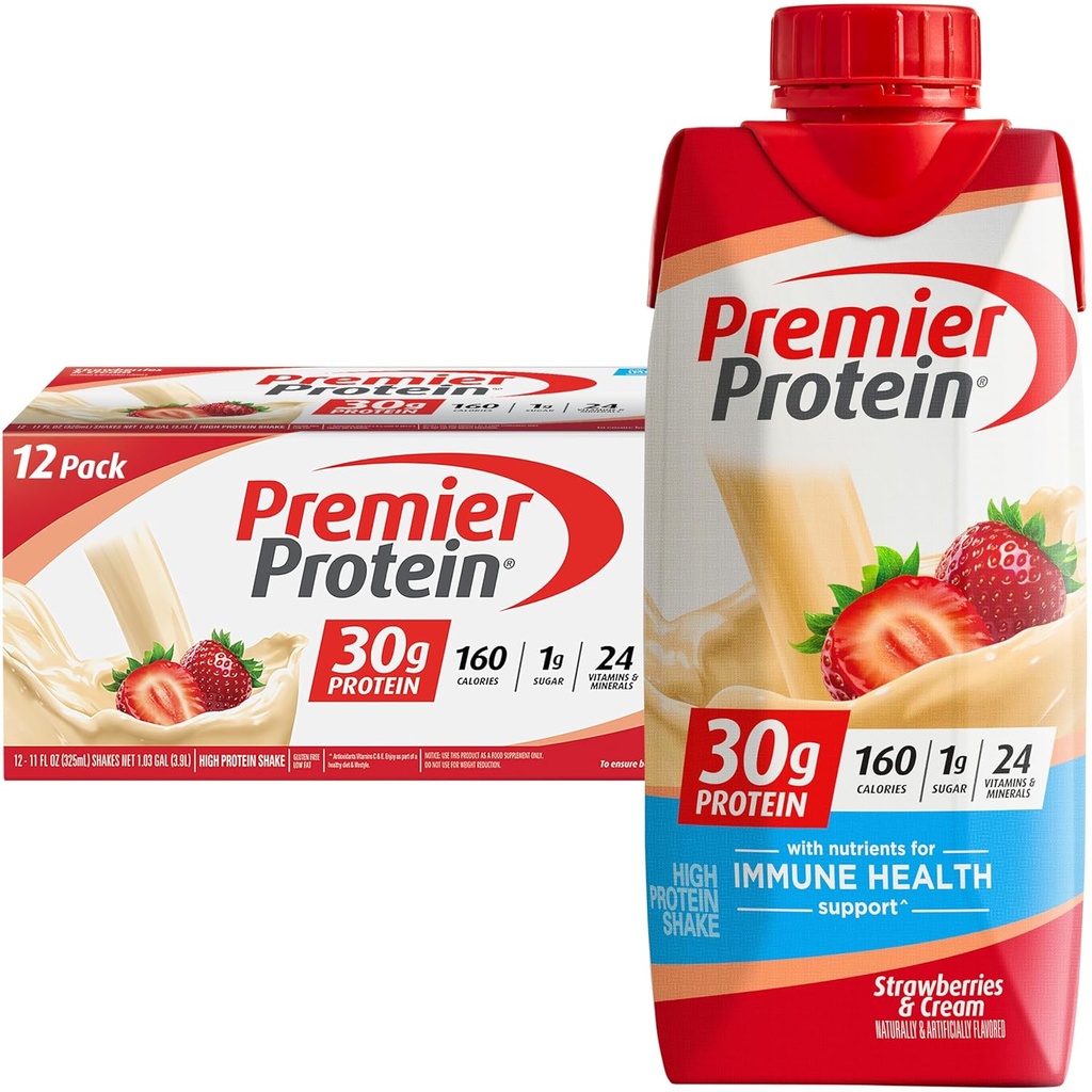 Premier Protein Shake, Jahody & Cream, 30g Protein, 11 fl oz, balení po 12 (Balení květen Vary)