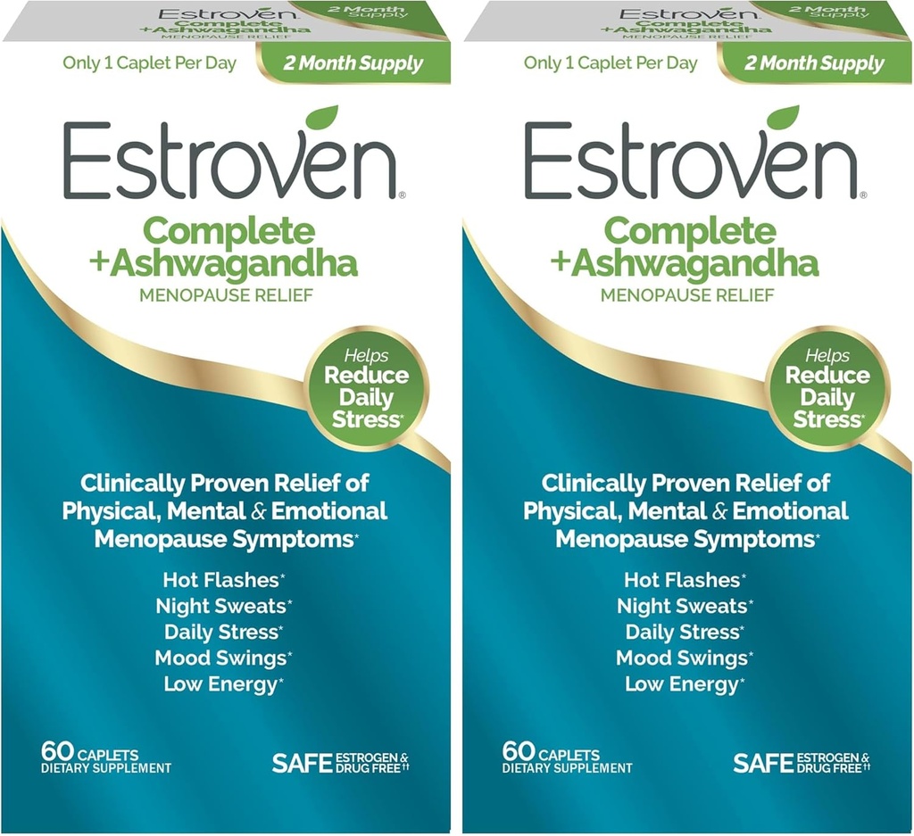 Estroven Complete + Ashwagandha Multi- Symptom Menopauza Dodatek pro ženy - Klinicky osvědčené přísady poskytují Menopauze Relief & Night Sweats + Hot Flash Relief * - 4 Měsíční dodávky (Balení 2)