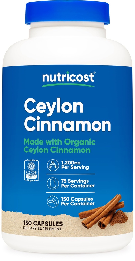 Nutricost Organic Cinnamon (Ceylon Cinnamon) 1,200mg Serving, 150 Kapsle - Gluten Free, Non- GMO