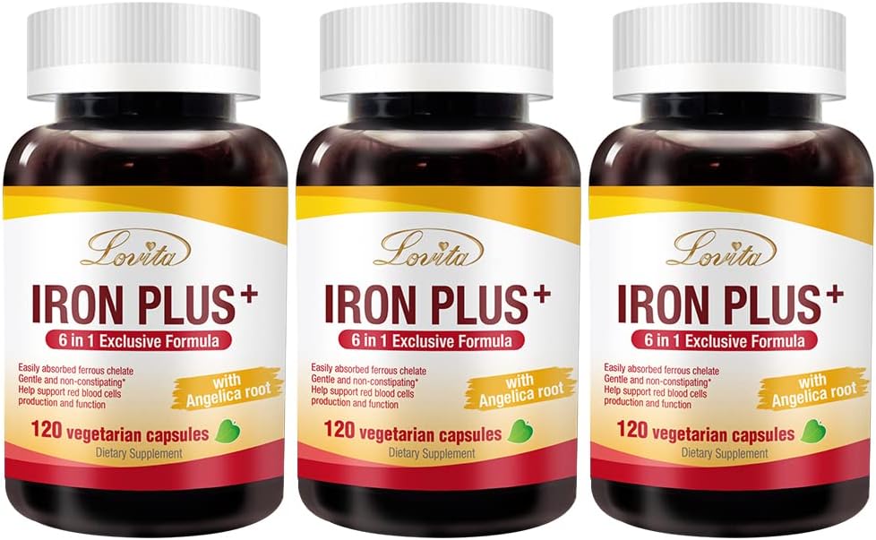 Lovita Iron 18 mg, 6 v 1 doplněk železa pro ženy, s vitaminem C, Dong Quai & B12, Vegan Vitamin na podporu výroby červených krvinek bez zácpy, 120 Kapsle (balení po 3)