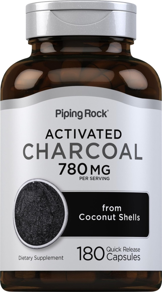 Piping Rock Activated Charcoal Pills PHAR124; 780 mg PHAR124; 180 Kapsle PHAR124; z Coconut Shells PHAR124; Non- GMO, gluten zdarma dodatek
