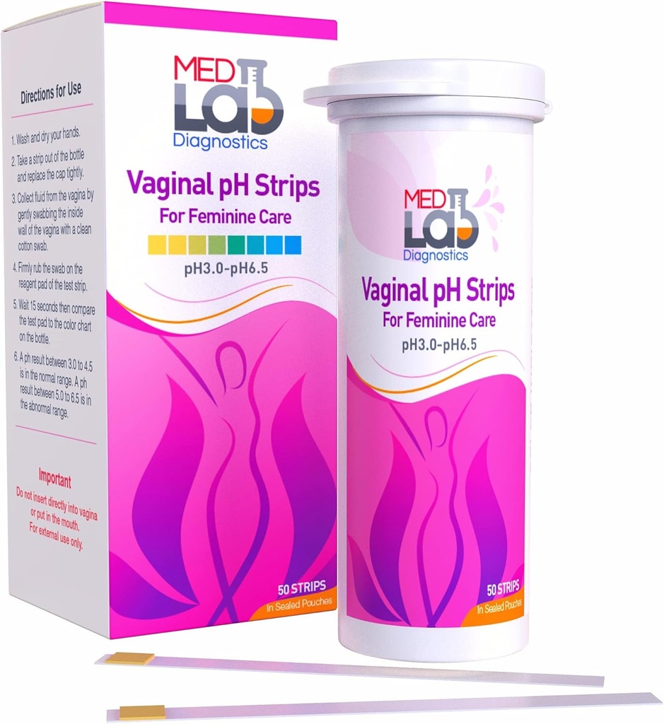 Vaginální ph testovací proužky pro ženy (50 cnt). BV Bakteriální vaginóza a kvasinková infekce testovací proužky. Test pH femininu na vaginální zdraví, kyselost a alkalinitu. Pásky v zapečetěných poupatech