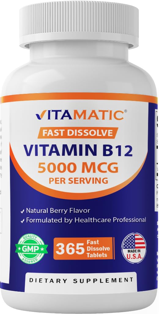 Vitamatický vitamin B12 5000 mcg - 365 Rychlé rozpuštění tablety Berry Flavor - Podporuje výrobu energie a nervový systém zdraví - Non- GMO, gluten- bez