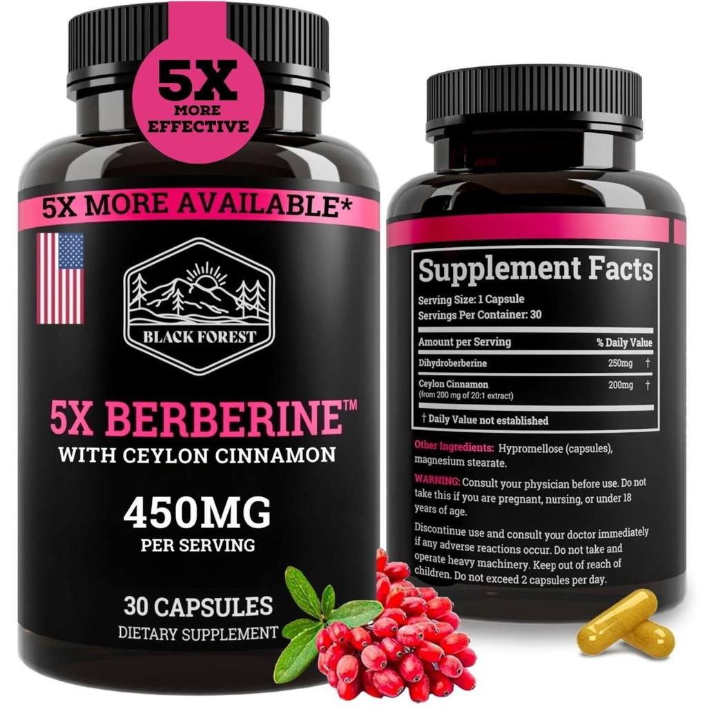Black Forest 5X Berberine a Dihydroberberine dodatek (Super Berberine nyní 5X účinnější než pravidelný Berberine HCL) Nejlepší Dihydroberberine s Ceylon Skořice - Podobné Berberine Phytosome