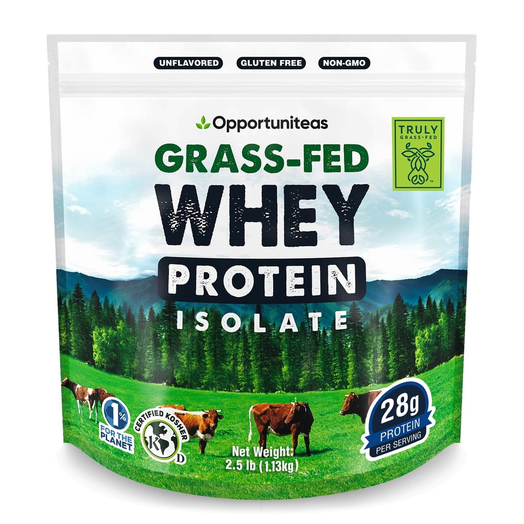 Oportuniteas Grass Fed Syrovátka izolát proteinu prášek - Neochucený 28 g protein prášek bez umělé sladkosti, Hormone- Free krávy, non GMO - 2.5lb