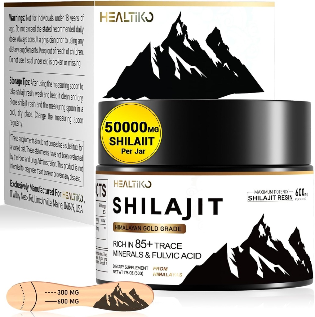 Shilajit Resin, Himalayan Shilajit Organic - 600mg Potency Gold Grade, Shilajit pro muže a ženy s 85 + stopové minerály & Fulvic Acid, pro energii, imunitu a sílu, 83 Sloužit (50g)
