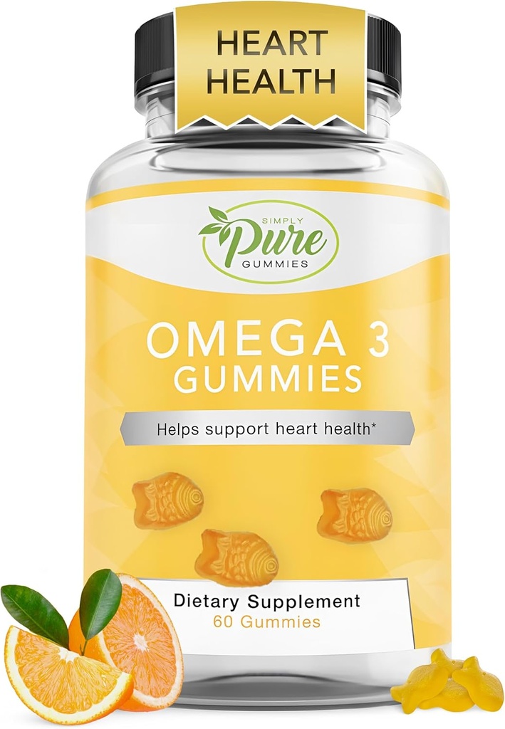 Čisté podle přírody Omega 3 Gummies pro dospělé a děti, Omega 3 mastné kyseliny doplňky s Omega 3 6 9 pro cirkulační podporu, No Fish Oil Orange Flavor Omega Gummies, 60 dnů dodávky (60 Počet)