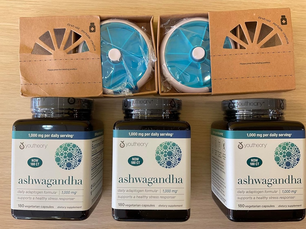 Youtheory Ashwagandha 1000mg s KSM- 66 - Pomáhá podporovat zdravé stresové reakce, 180 Kapsle (Balení po 3) a 2 Pill Orgnizer