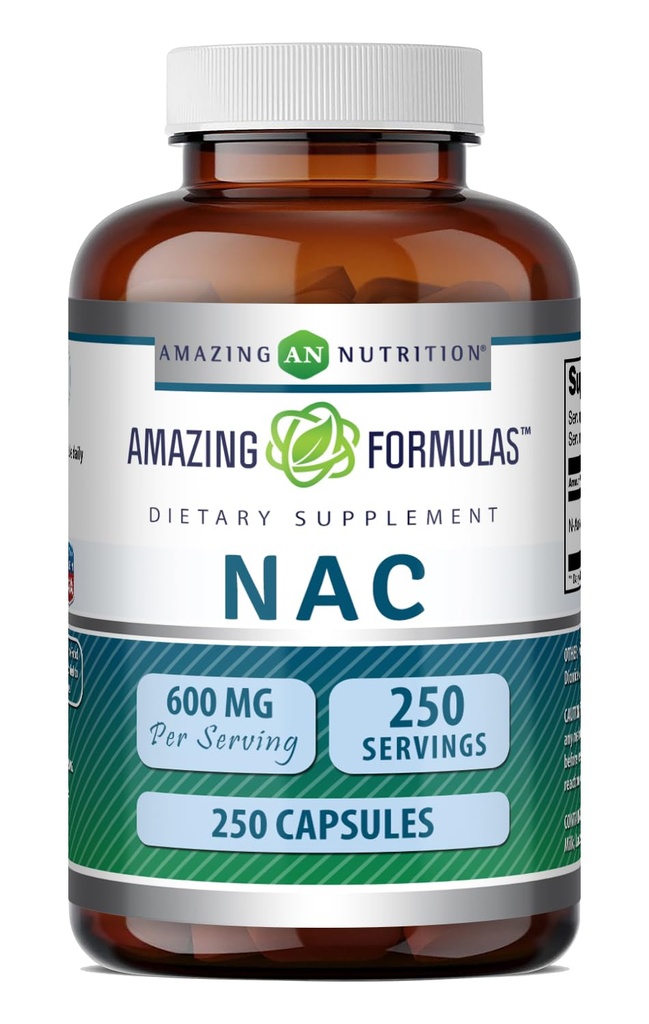 Amazing Applicas NAC (N-Acetyl-L-Cystein) Dodatek 124; 600 Mg per Serving Applications 124; 250 Kapsle 124; Non- GMO Creditation 124; Gluten Free Application 124; Made in USA