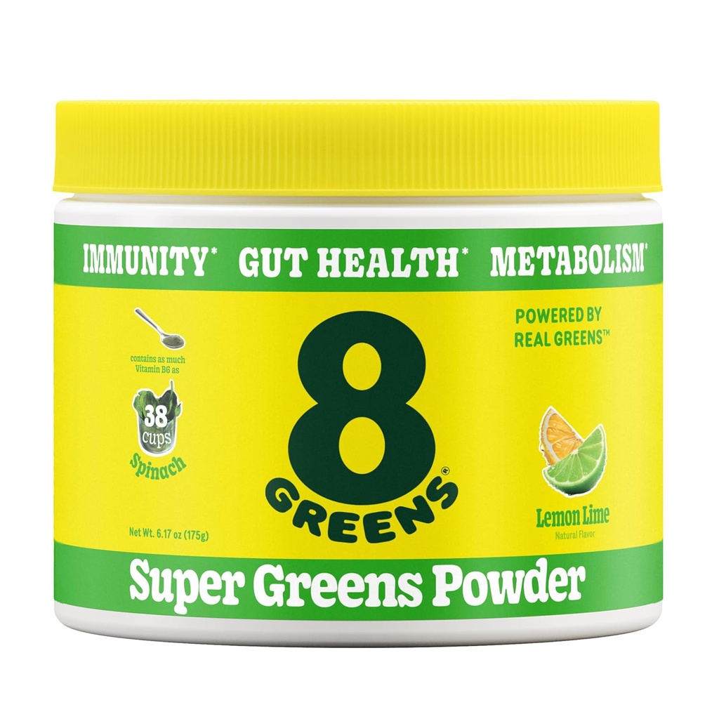 8Zelené Super Zelené Powder 124; Prebiotic & Probiotic Směs Superfoods pro Gut zdraví, Metabolismus, Defloating, s Fiber, Digestive Enzymes, Organic: Spirulina, Chlorella, Lemon Lime, 25 Služební