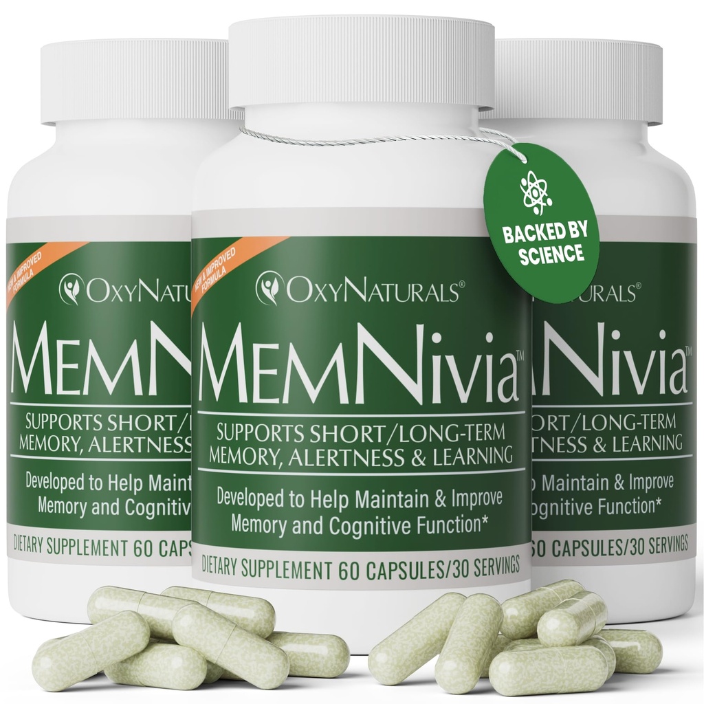 MemNivia Brain doplňky pro paměť & Focus 124; Dual- Sage Stem Cell Formule s Cognivia ®, Bacopa, Holy Basil & Ginger 124; Klinicky osvědčený Duševní Clarity Podpora 124; 180 Kapsle (3 láhve) 124; USA Made
