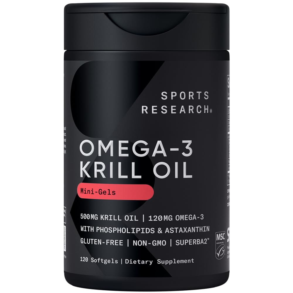 Sport Research Krill Oil Dodatek s EPA & DHA Omega 3, Fosfolipidy & Astaxanthin z Antarktického krilu - Nejvyšší koncentrace krilového oleje pro muže a ženy - 500mg, 120 Softgel Kapsle