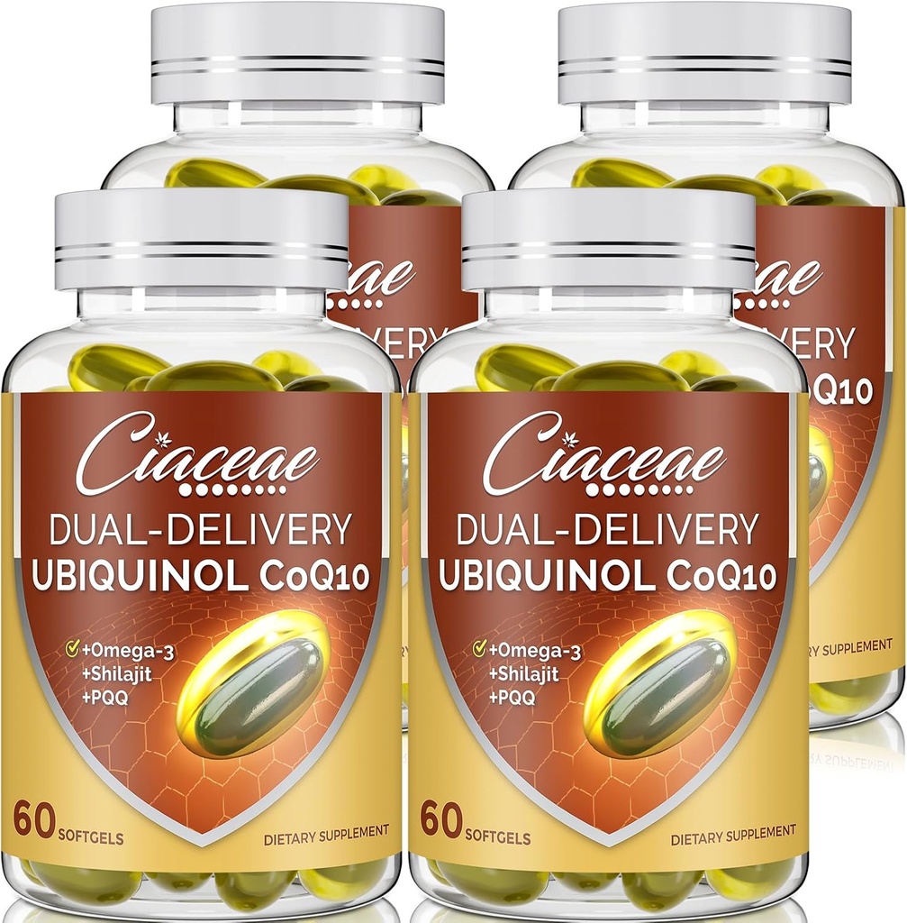 Ubiquinol CoQ10 600 MG Softgels s Omega33 & Shilajit & PQQ, Advanced Dual- Delivery Coenzyme- Q10, aktivní CoQ10 Ubiquinol dodatek pro plodnost, antioxidant, srdce, mozek & energie, 240 Služeb