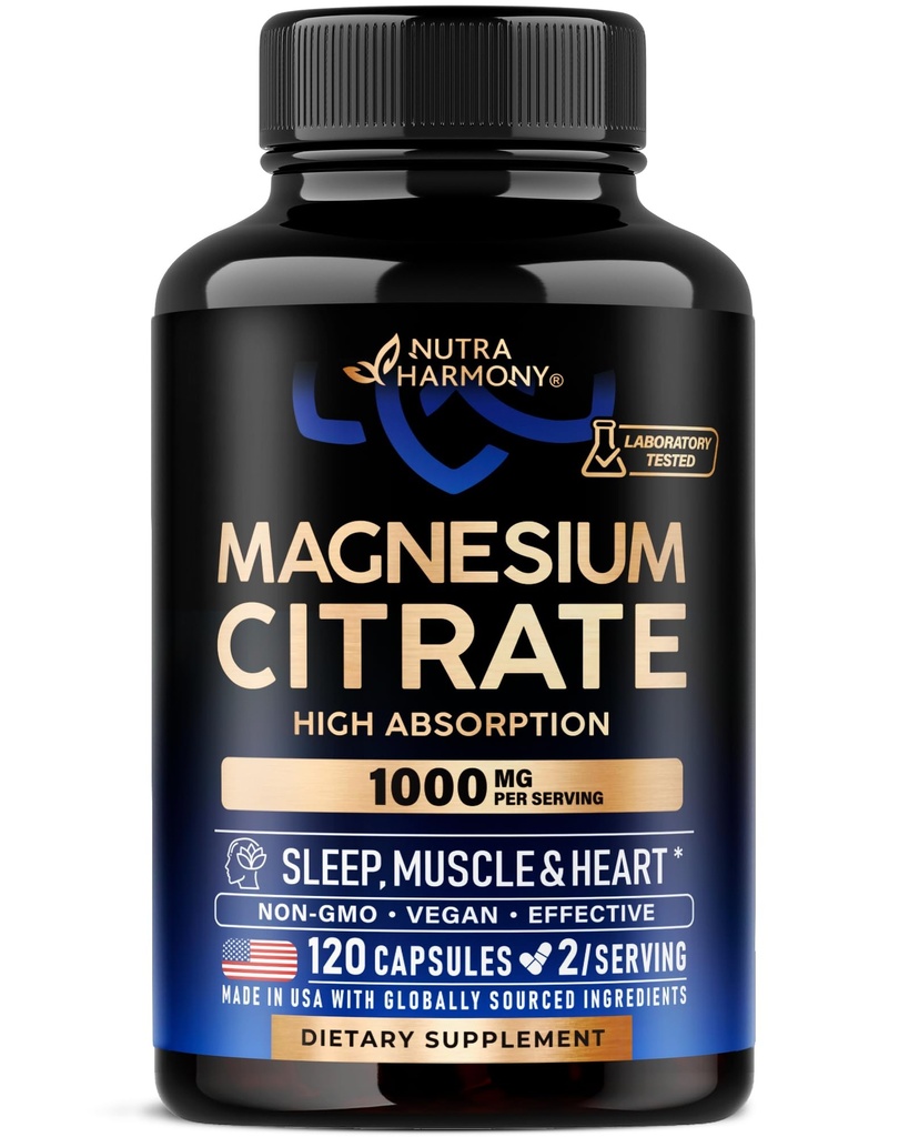 Magnesium Citrát Kapsle 1000mg Supplementary - Spánek, Muscle & Heart Support - Vegan Caps124; Non- GMO - Vyrobeno v USA - jako prášek 124; Prášky 124; Tablety - 120 Kapsle, 2 Měsíční dodávky