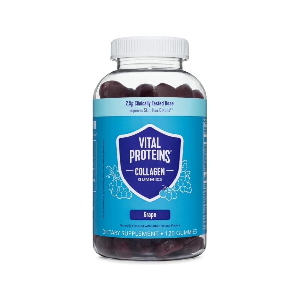 Vitální proteiny kolagenové žvýkačky, 2,5g klinicky testovaného kolagenu pro vlasy, kůži, nehty a vrásky, 120 ct, 30- denní zásobování, Grape Flavor